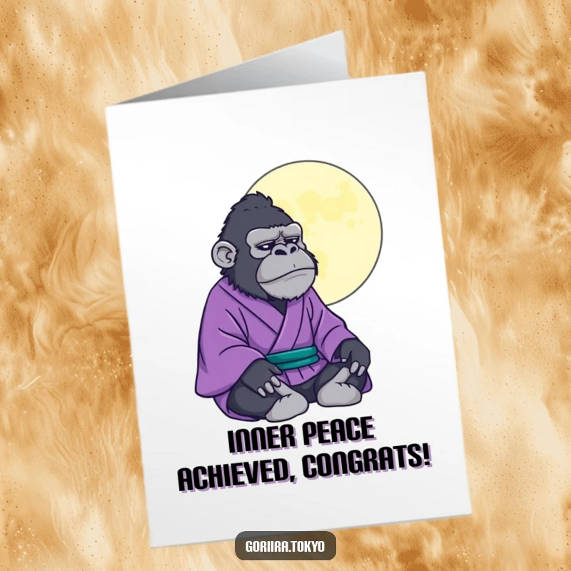 Funny Free Printable Congrats Card: Gorilla in kimono meditating under the moon, a serene congrats message. Downloadable.