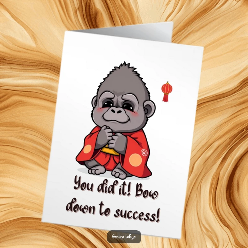 Funny Free Printable Congratulations Card: Small cute gorilla in red kimono bowing politely, offering warm congratulations.