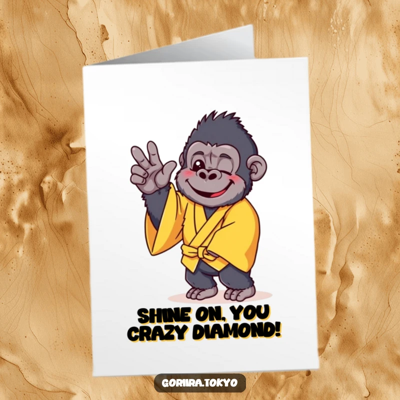 Funny Free Printable Congratulations Card: Cheerful gorilla in yellow kimono striking a gentle pose, celebrating achievements.