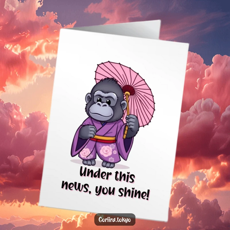 Funny Free Printable Congratulations Card: Gorilla in purple kimono holding a traditional Japanese umbrella, celebrating achievements.