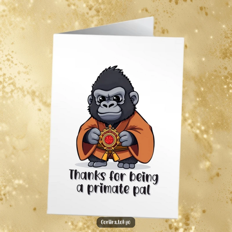 Funny free printable thank you card: a gorilla in a brown kimono offers a kaiser with a polite yet humorous bow.
