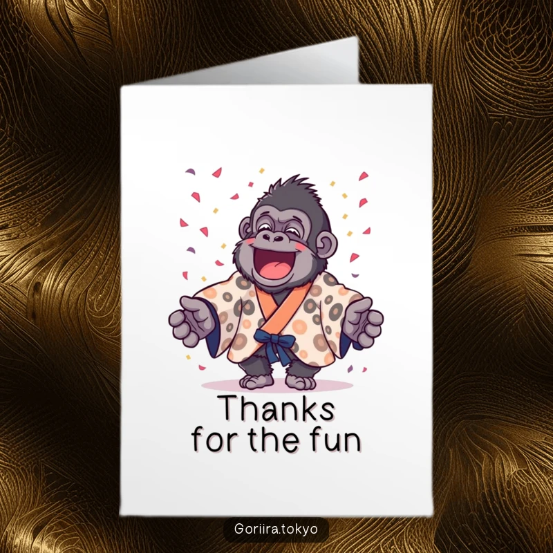 Funny Free Printable Thank You Card: Gorilla joyfully tossing confetti, a celebratory thank you. Downloadable.