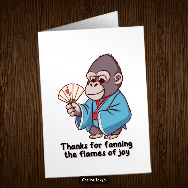 Funny Free Printable Thank You Card: Gorilla in blue formal kimono holding a delicate fan with grace, expressing thanks gracefully.