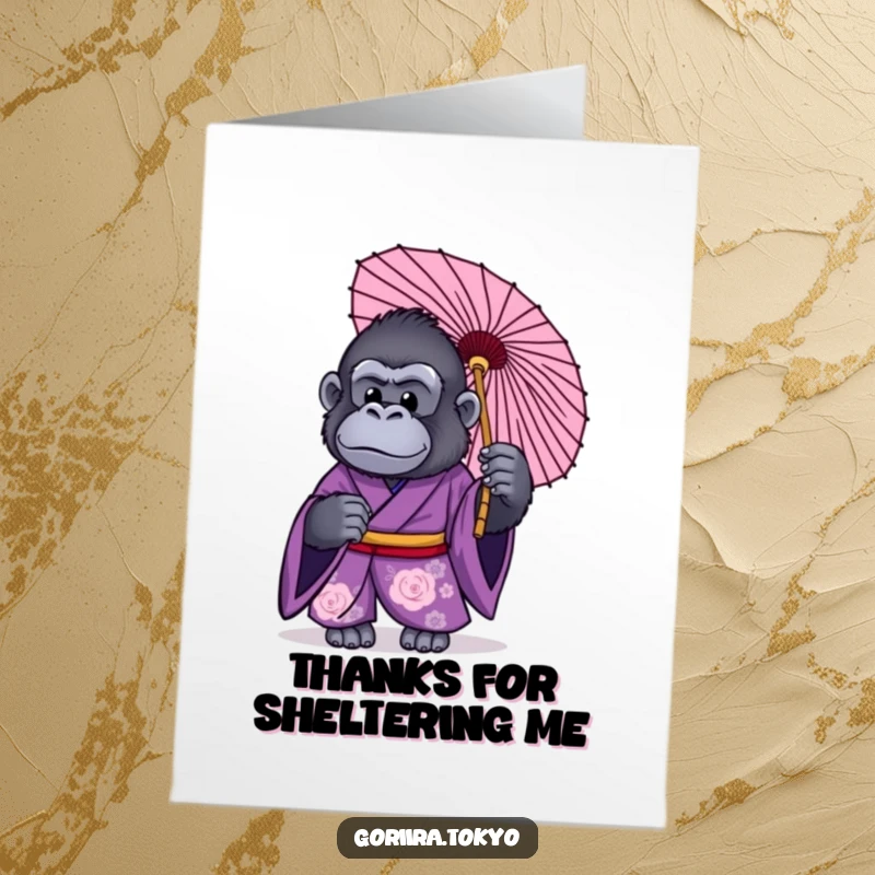 Funny Free Printable Thank You Card: Gorilla in purple kimono holding a traditional Japanese umbrella, offering thanks.