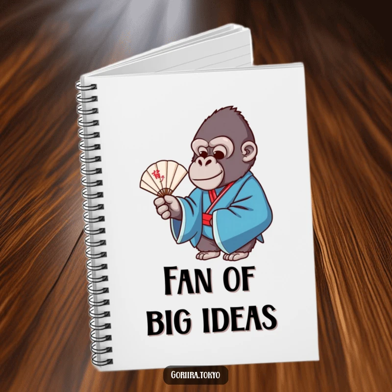 Funny notebook cover: a gorilla in a blue formal kimono, gracefully holding a delicate fan, encouraging elegant writing.