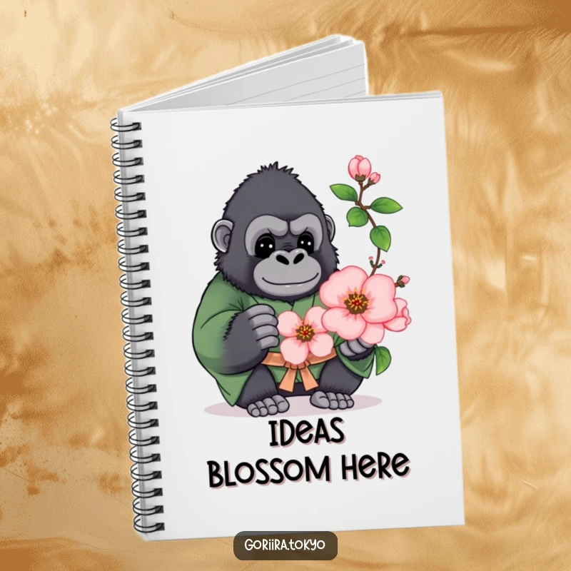 Funny notebook cover: a plump gorilla in a green kimono, offering a blooming peach blossom, inspiring creativity.