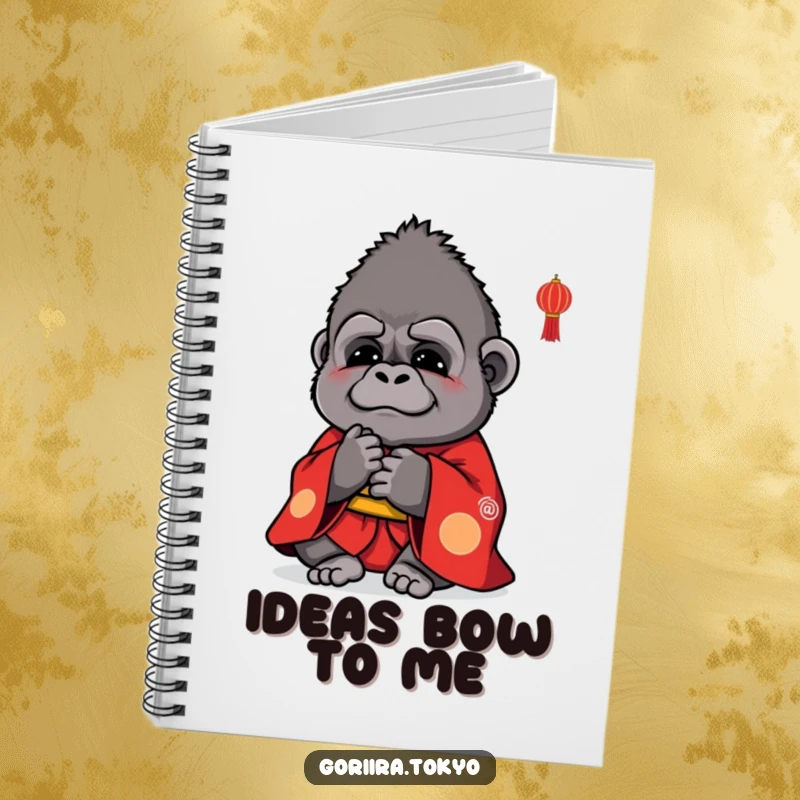 Funny notebook cover: a small, cute gorilla in a vibrant red kimono, bowing politely, inspiring thoughtful writing.