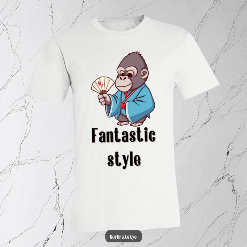 Funny t-shirt graphic: a gorilla in a blue formal kimono, elegantly holding a delicate fan with a calm demeanor.