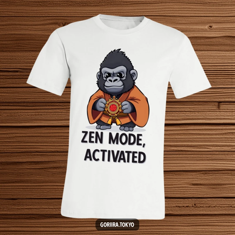 Funny Gorilla T-Shirt showing a warrior in a brown kimono proudly holding a small, ornate kaiser.