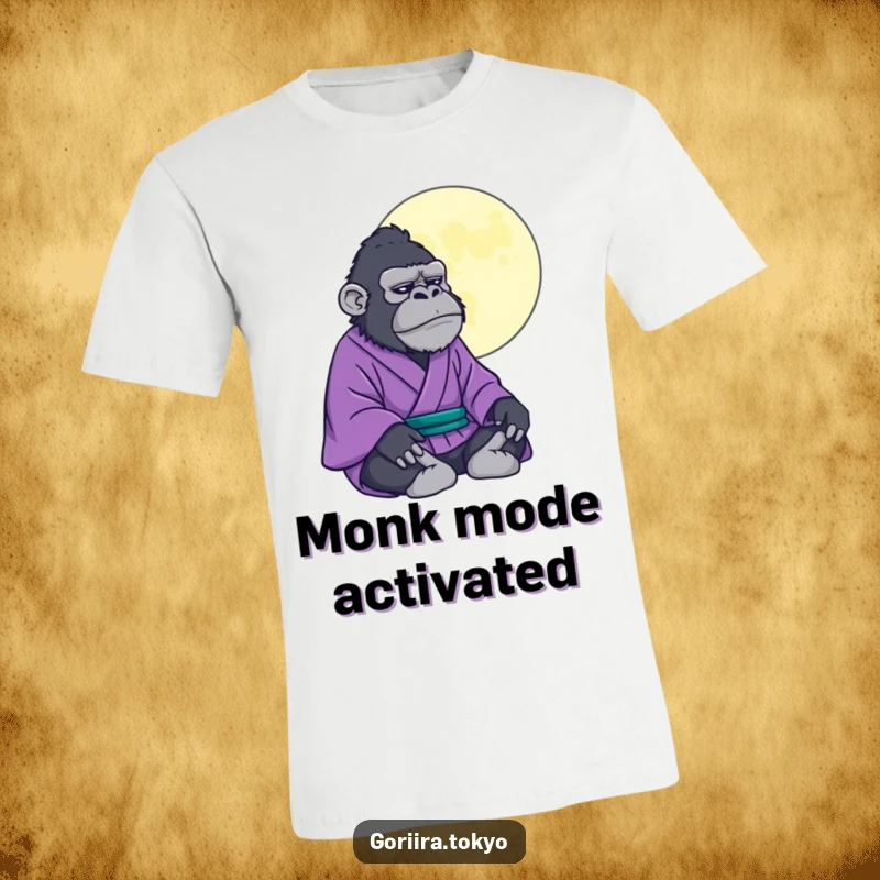 Funny gorilla wearing a purple kimono in deep meditation under a mystic moon, a zen and humorous t-shirt.
