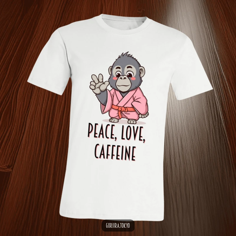 Funny Gorilla T-Shirt with a gorilla in a pink kimono gracefully making a gentle hand gesture, conveying peaceful fun.