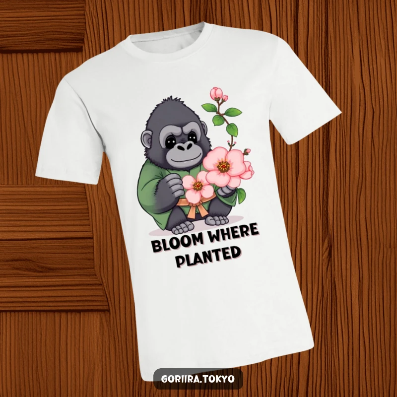 Funny t-shirt graphic: a plump gorilla wearing a green kimono, offering a blooming peach blossom with a warm smile.