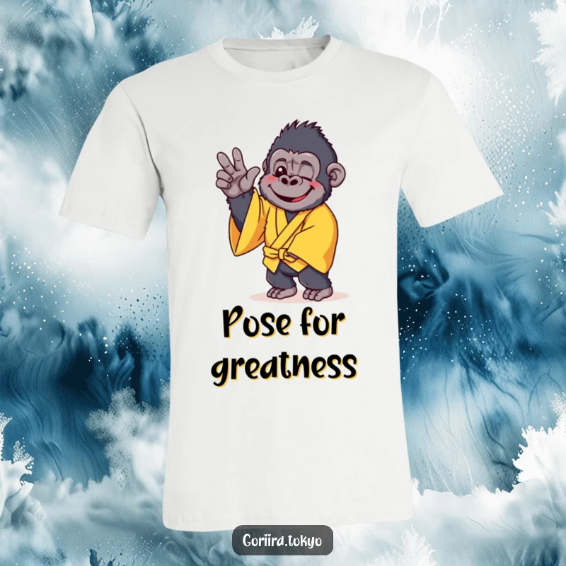 Funny t-shirt graphic: a cheerful gorilla wearing a bright yellow kimono, striking a calm and gentle pose with joy.