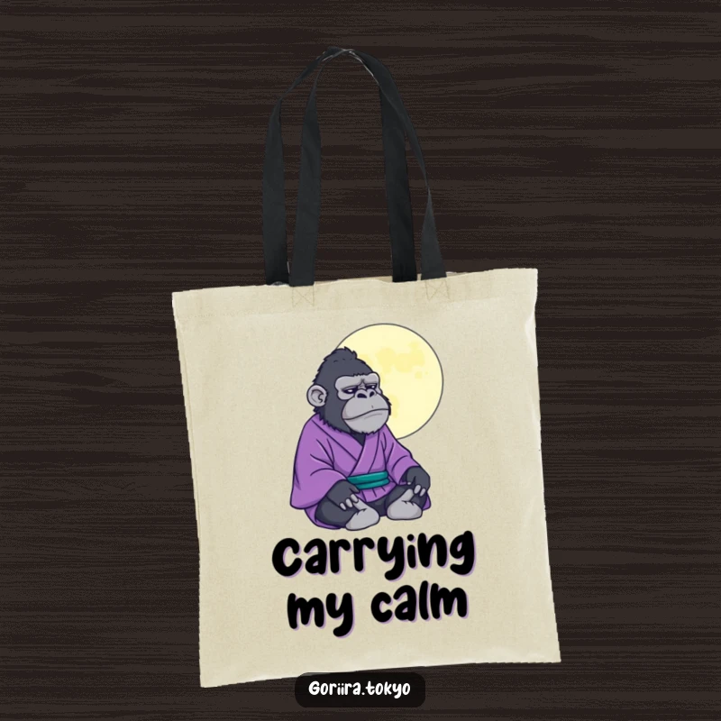 Funny gorilla in a purple kimono meditating under a moon, a serene and humorous tote bag for carrying calm.