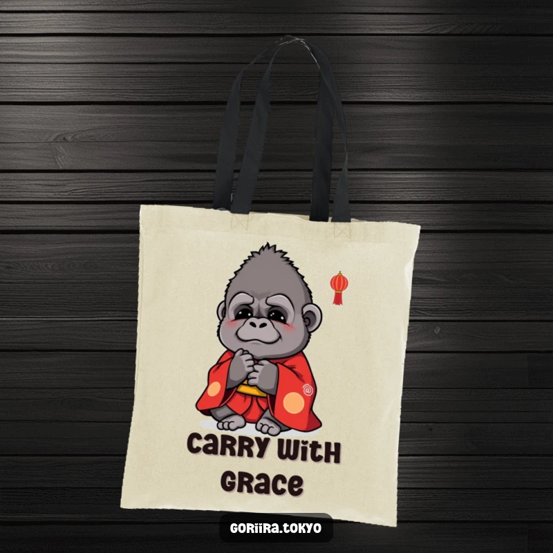 Funny tote bag featuring a small, cute gorilla in a vibrant red kimono, bowing with graceful politeness.
