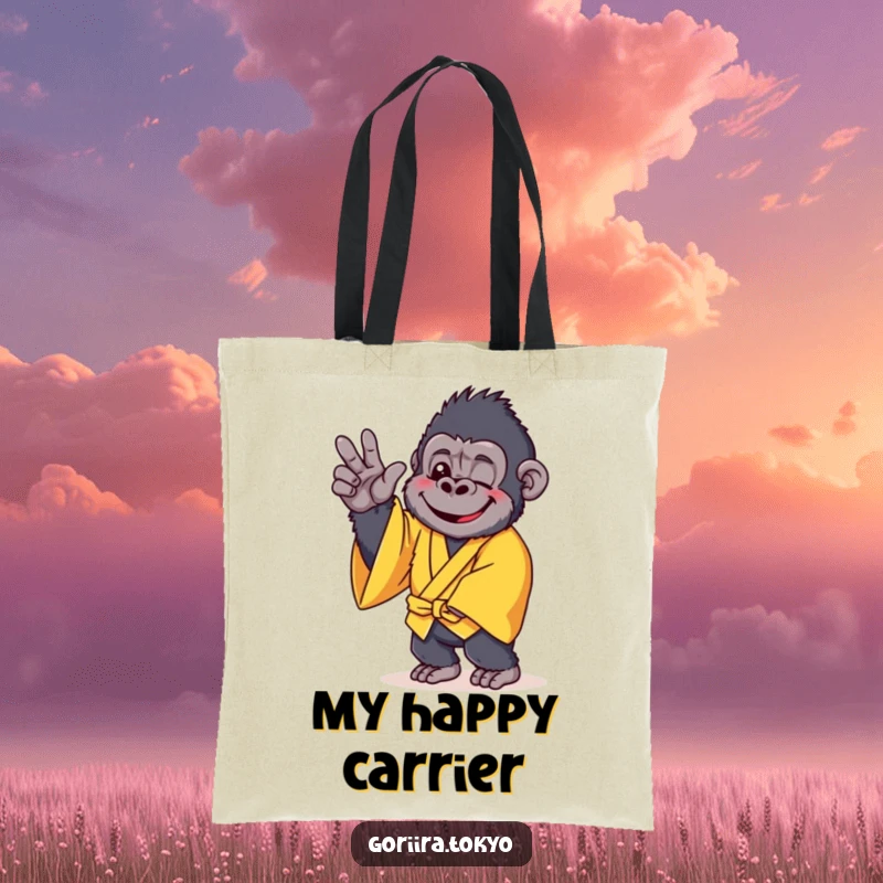Funny tote bag featuring a cheerful gorilla in a yellow kimono, striking a gentle pose, perfect for carrying smiles.